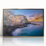 Framed acrylic print of Cinque Terre with vibrant coastal colors, ideal for modern art wall decor.
