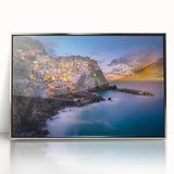 Framed acrylic print of Cinque Terre with pastel colors and mid-century modernist style, suited for nursery wall art.