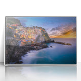 Framed acrylic print of Cinque Terre with pastel shades, ideal for modern art wall decor.