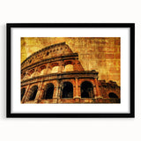 Extra large colorful art print of the Colosseum in abstract style, featuring vibrant textures, framed in black.