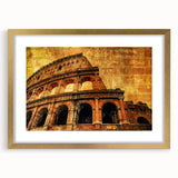 Abstract art print of the Colosseum in muted earth tones, framed with a gold mat, suitable for dining room decor.