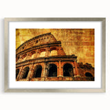 Extra large wall art of the Colosseum in Rome in muted earth tones, framed with a silver mat, suitable for living room decor.
