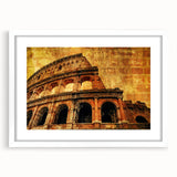 Textured art print of the Colosseum in muted earth tones on a framed white mat, ideal for bedroom art.