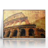 Mid-century modernist art of the Colosseum in muted earth tones on a framed acrylic, ideal for modern art wall decor.