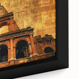 Black wall art featuring a textured close-up of the Colosseum in muted colors on a framed canvas.