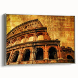 Landscape art painting of the Colosseum in muted earth tones on a framed canvas, ideal for office decor.