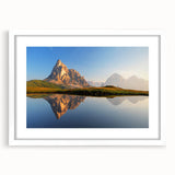 Textured art print of the Dolomites in muted earth tones on a framed white matte, ideal for bedroom decor.