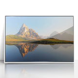 Mid-century modernist art of the Dolomites in Italy, framed acrylic with a white border, suited for modern art wall decor.