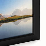 Black wall art depicting the Dolomites in Italy, with textured, colorful art on a framed canvas.