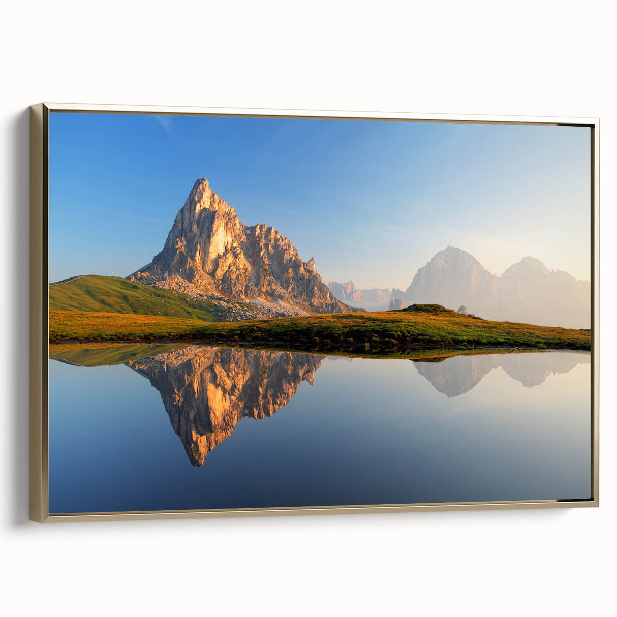 Framed canvas featuring a vintage-style landscape painting of the Dolomites in muted earth tones, ideal for bedroom wall art.