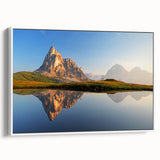 Framed canvas vintage poster art of the Dolomites in Italy, featuring vibrant green and blue tones.