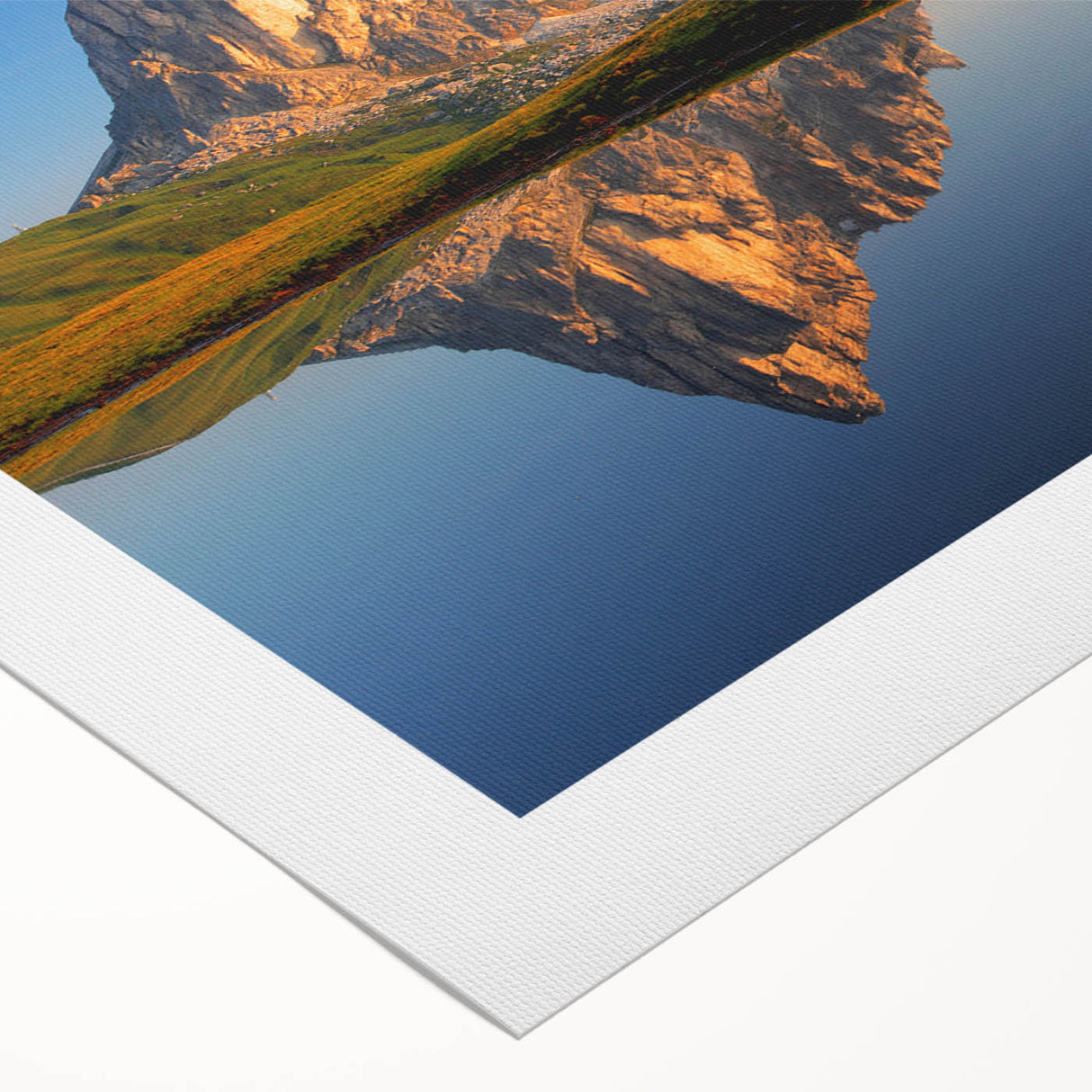 Art deco poster of the Dolomites in Italy, featuring a muted color palette on rolled canvas, suitable for dining room decor.