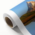 Rolled canvas of Dolomites scenery in Italy with muted earth tones, ideal for nursery wall art or dining room decor.