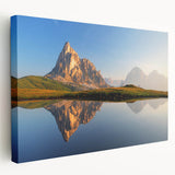 Scenic Dolomites landscape on large stretched canvas, featuring earthy green and brown tones, suitable for kitchen wall art.