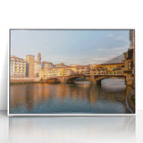 Mid-century modernist art of Florence skyline in muted earth tones on framed acrylic, suitable for nursery wall decor.