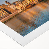 Art deco poster of Florence skyline in muted gold and ivory on rolled canvas, suitable for dining room decor.