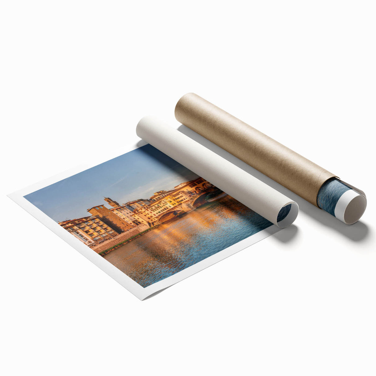 Extra large rolled print of Florence scenery with floral elements in muted earth tones, ideal for classy bathroom wall art.