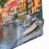 Mid-century modernist acrylic print of Lake Como with muted blue and green tones, ideal for dining room art.