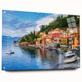 Acrylic print of Lake Como with vivid blue and green tones, ideal for dining room décor.