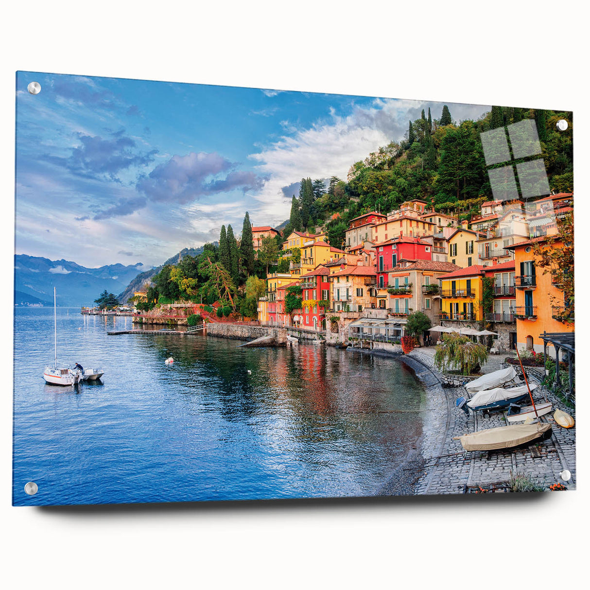Acrylic print of Lake Como with vivid blue and green tones, ideal for dining room décor.