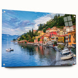 Acrylic print of Lake Como with vivid blue and green tones, ideal for dining room décor.