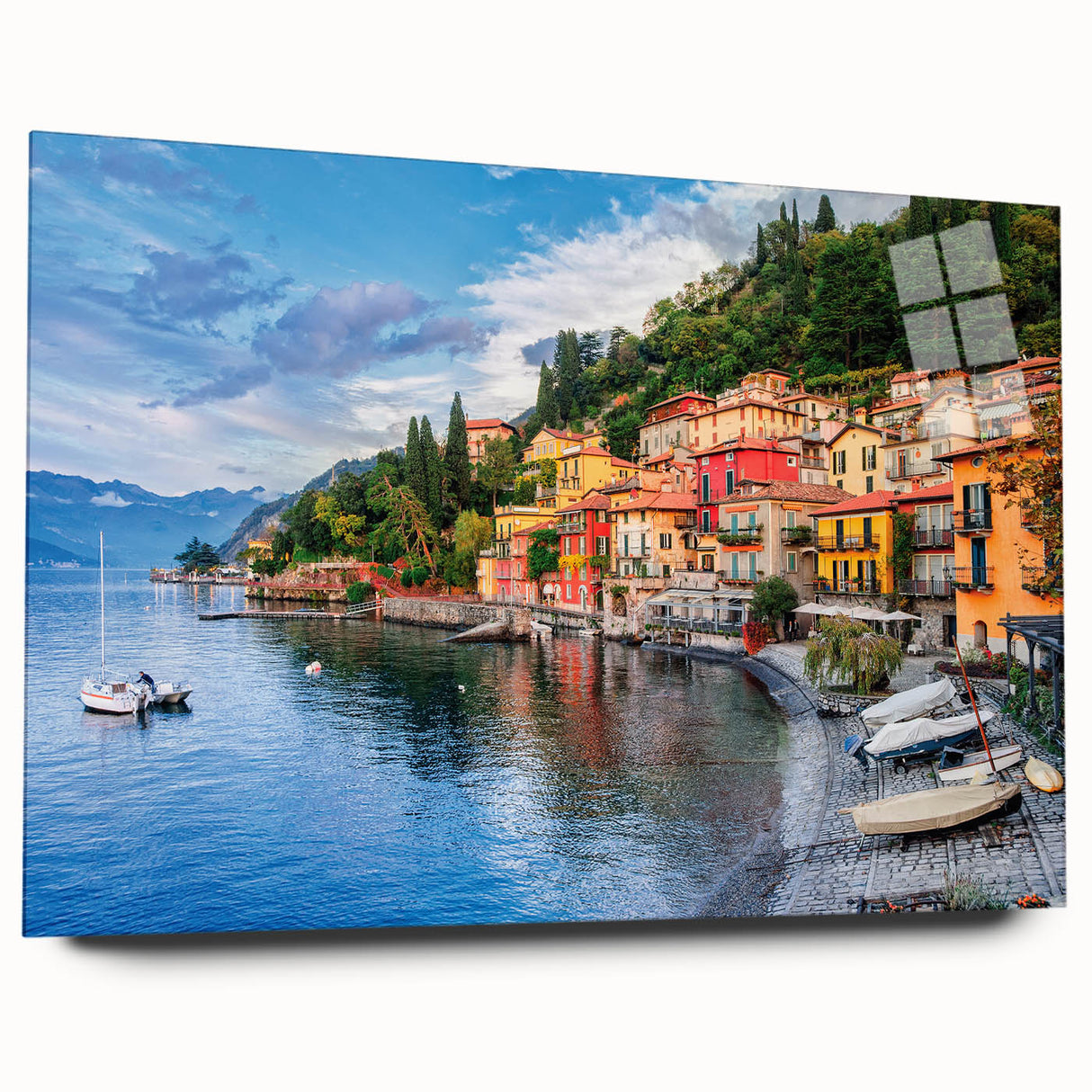 Acrylic print of Lake Como with a large abstract depiction in soft blue and green hues, ideal for bedroom or dining room art.