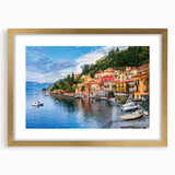 Abstract art print of Lake Como with muted blue and green tones on a framed gold mat, ideal for dining room decor.
