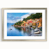 Extra large abstract art print of Lake Como with textured silver frame, ideal for living room ambiance.