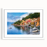 Textured abstract art print of Lake Como with muted blue and green hues on a framed canvas, ideal for bedroom art.