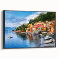 Black and white landscape art painting of Lake Como on framed canvas, ideal for bedroom wall decor.