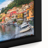 Extra large framed canvas of Lake Como with textured, colorful art on a black background, suitable for living room decor.