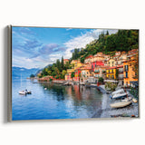 Landscape art painting of Lake Como with colorful palette on framed canvas, ideal for living room decor.