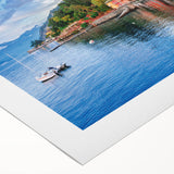 Art deco poster of Lake Como with muted blue and green tones on rolled canvas, suitable for dining room wall art.