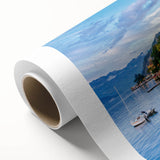Art Deco poster of Lake Como with soft blue and green hues on rolled canvas, ideal for nursery wall art or dining room decor.