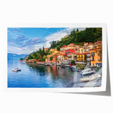 Rolled print of Lake Como with floral accents in soft pastel shades, suitable for dining room or bathroom wall art.
