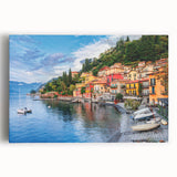 Black and white photograph of Lake Como on stretched canvas, featuring serene water and mountain views.