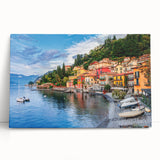 Black and white photographic print of Lake Como on stretched canvas, suitable as large kitchen wall art.
