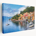 Lake Como scenery on stretched canvas, featuring muted blue and green tones, ideal for kitchen wall art.