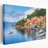 Lake Como scenery on stretched canvas, featuring muted blue and green tones, ideal for kitchen wall art.