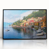 Large abstract wall art of Lake Como with muted blue and green tones on a framed acrylic, ideal for modern living room decor.