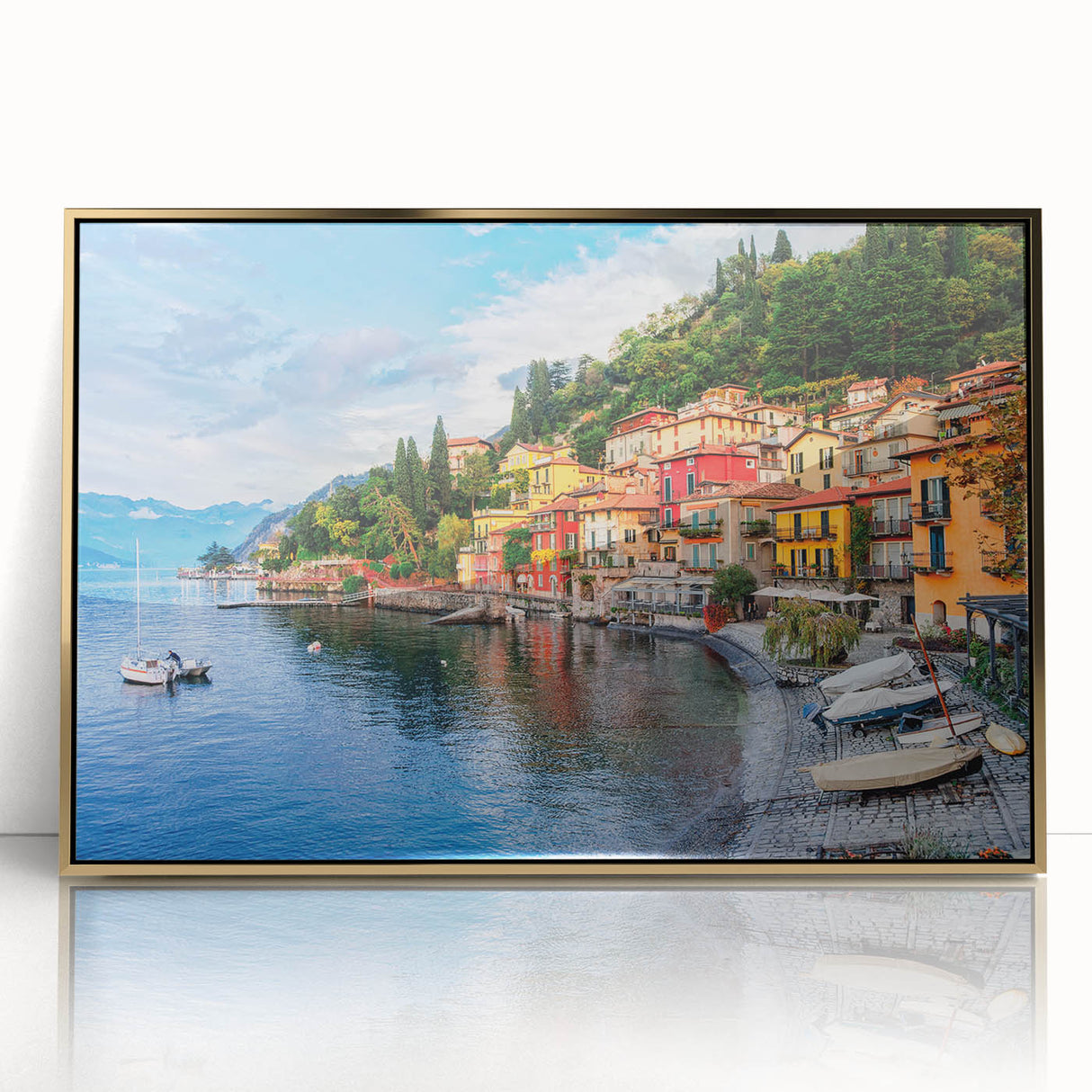 Mid-century modernist style large art print of Lake Como with muted blue and green tones on framed acrylic.