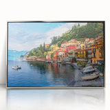 Mid-century modernist art depicting Lake Como with muted blue and green tones on a framed acrylic print.