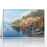 Framed acrylic print of Lake Como with pastel shades, ideal for modern art wall decor in a nursery.