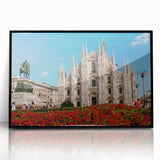 Large abstract wall art depicting a Milan cityscape in muted gray and blue tones, framed acrylic.