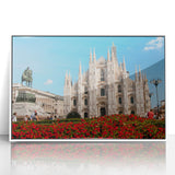 Mid-century modernist art depicting Milan scenery on a white framed acrylic, with pastel shades, ideal for nursery wall art.