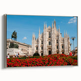 Landscape art painting of Milan on framed canvas, featuring vintage poster style with colorful and black elements.