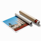 Extra large rolled print depicting a Milan scenery with vibrant floral elements, ideal for classy bathroom wall art.