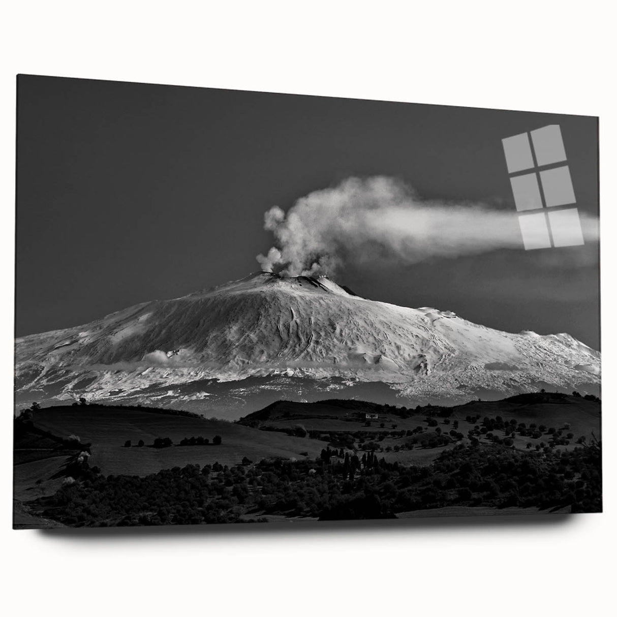 Acrylic print of Mount Etna with muted earth tones, ideal for bedroom or dining room art.