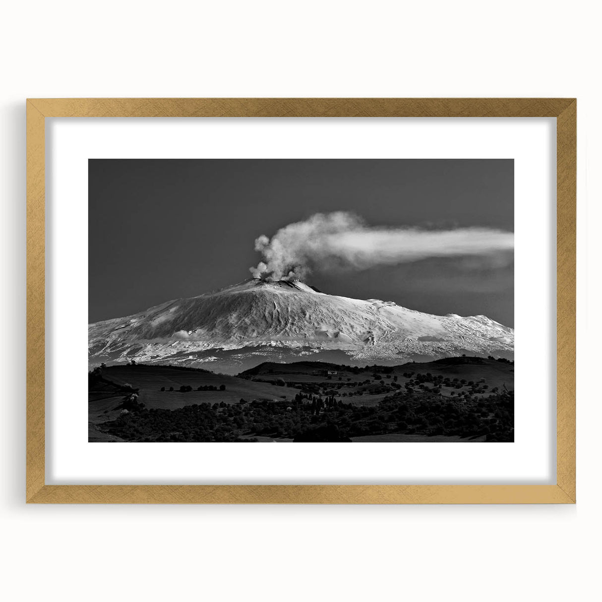 Abstract art print of Mount Etna in muted earth tones on a framed gold mat, ideal for dining room decor.