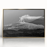 Art deco poster of Mount Etna, Italy, in subdued earth tones on a framed acrylic, suitable for modern art wall decor.